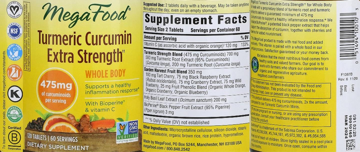 MegaFood, Turmeric Curcumin Extra Strength label