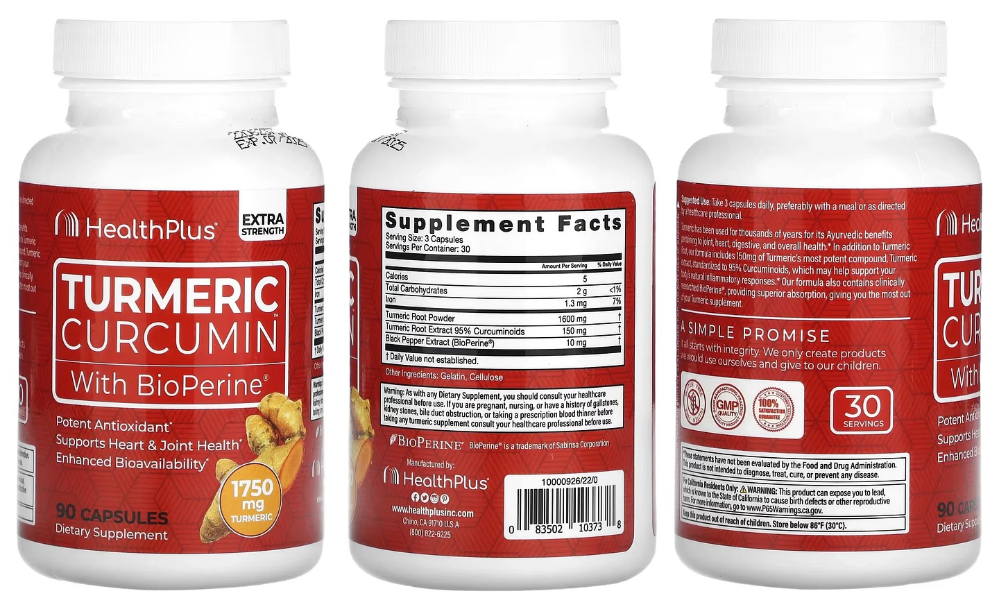 Health Plus, Turmeric Curcumin With BioPerine, Extra Strength packaging