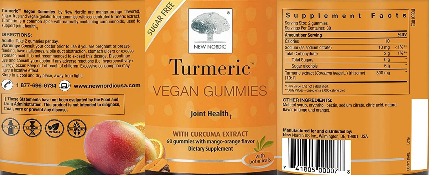 New Nordic, Turmeric Vegan Gummies with Curcuma Extract label