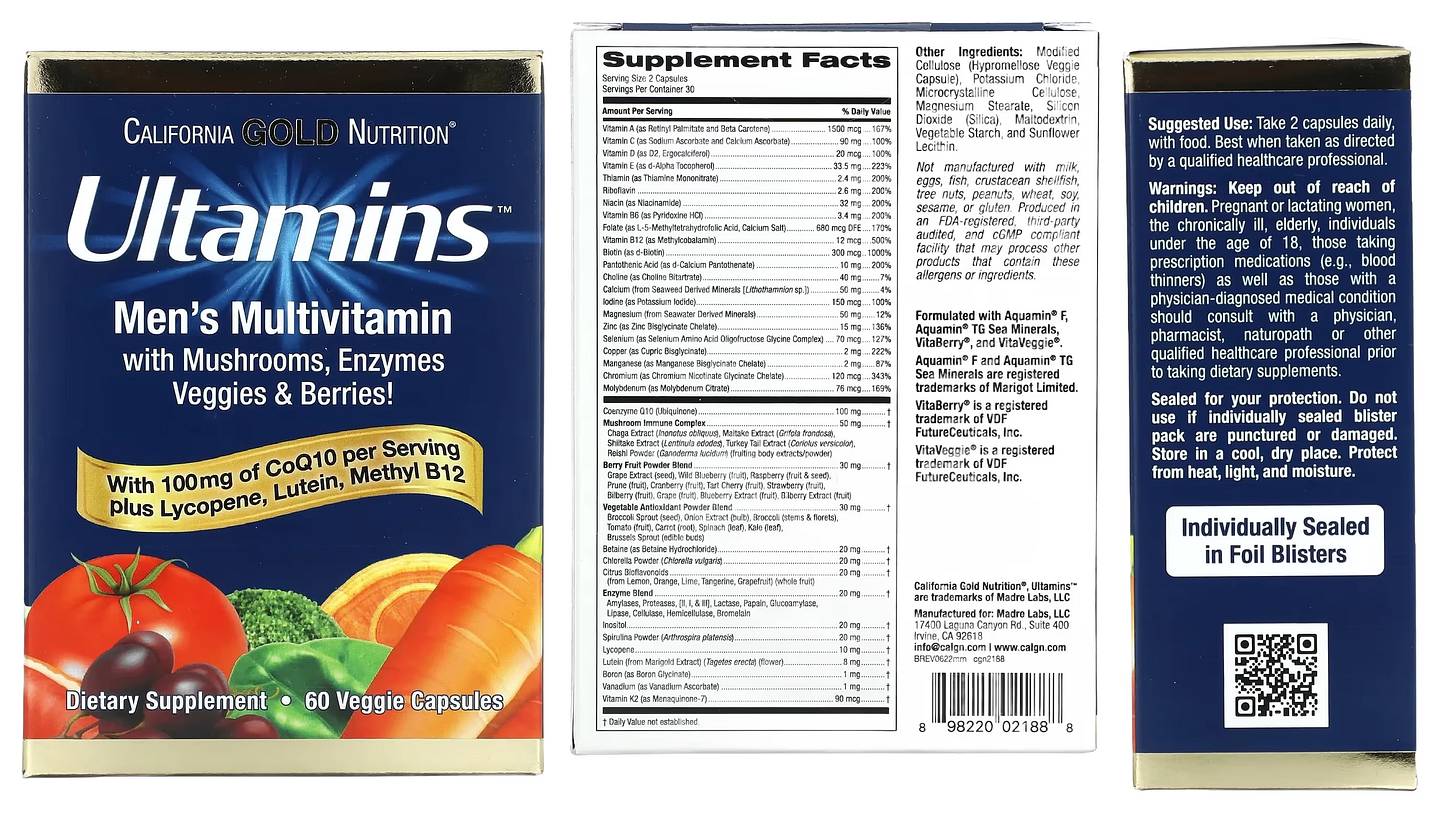 California Gold Nutrition, Ultamins Men's Multivitamin with CoQ10 packaging