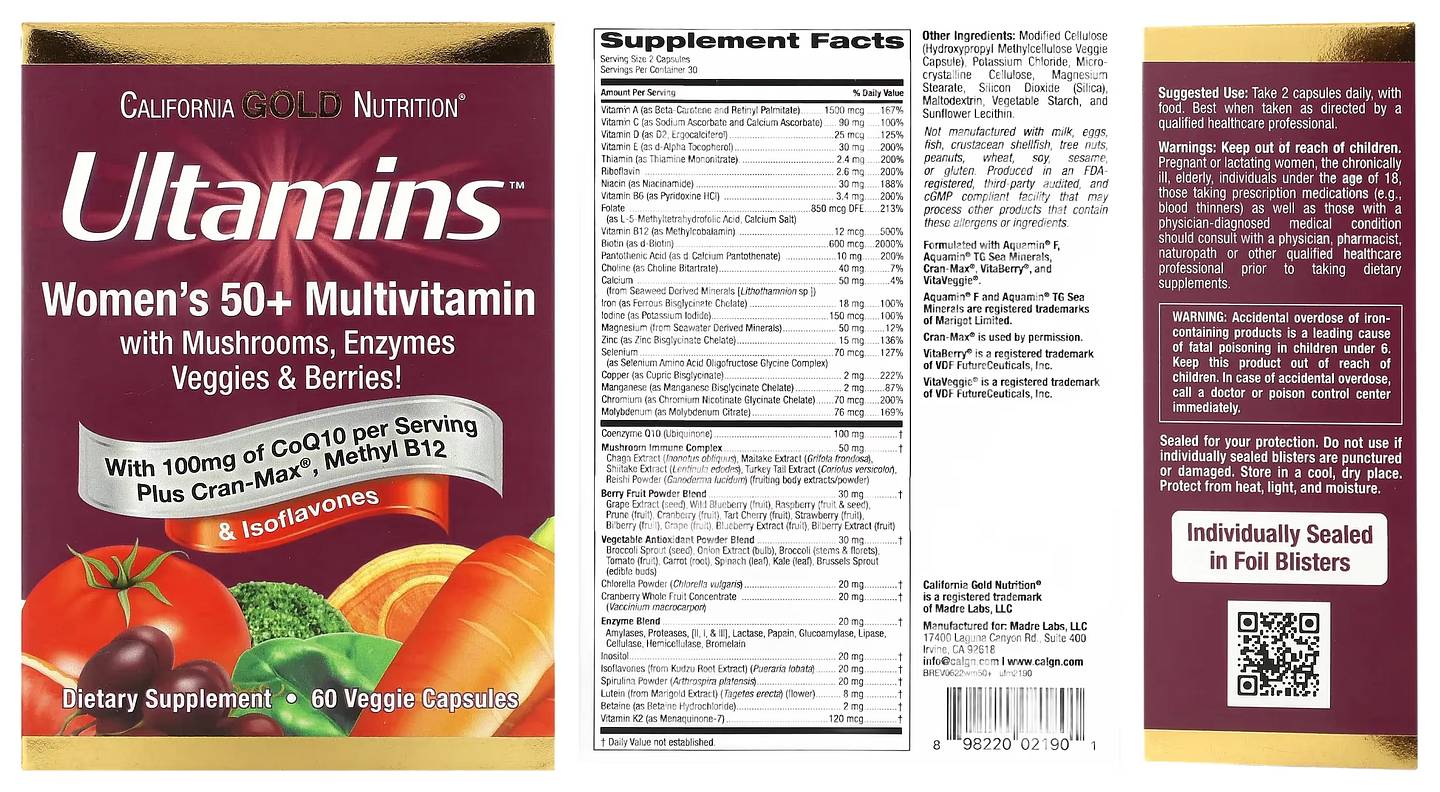 California Gold Nutrition, Ultamins Women's 50+ Multivitamin with CoQ10 packaging