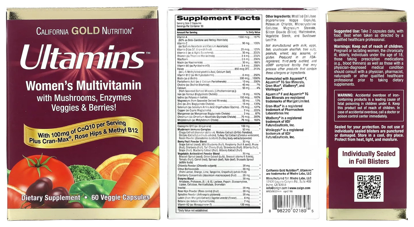 California Gold Nutrition, Ultamins Women's Multivitamin with CoQ10 packaging
