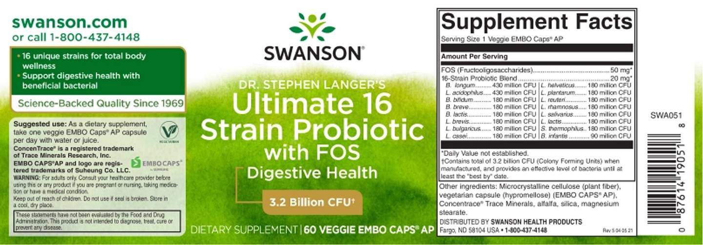 Swanson, Ultimate 16 Strain Probiotic With FOS label