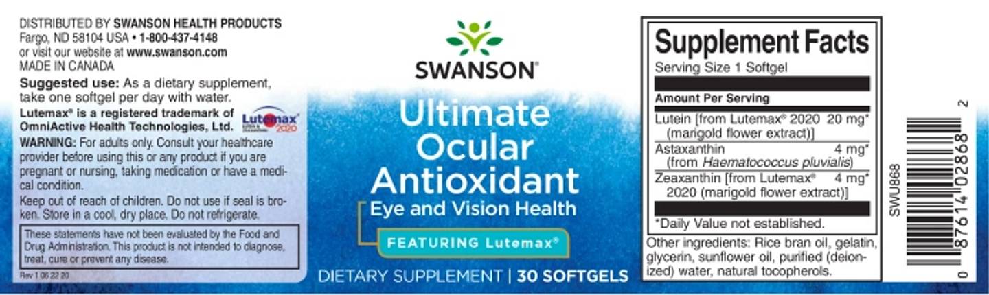 Swanson, Ultimate Ocular Antioxidant label