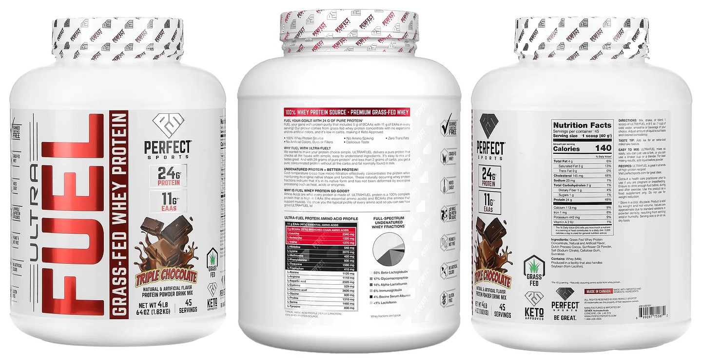 Perfect Sports, Ultra Fuel, Grass-Fed Whey Protein, Triple Chocolate packaging