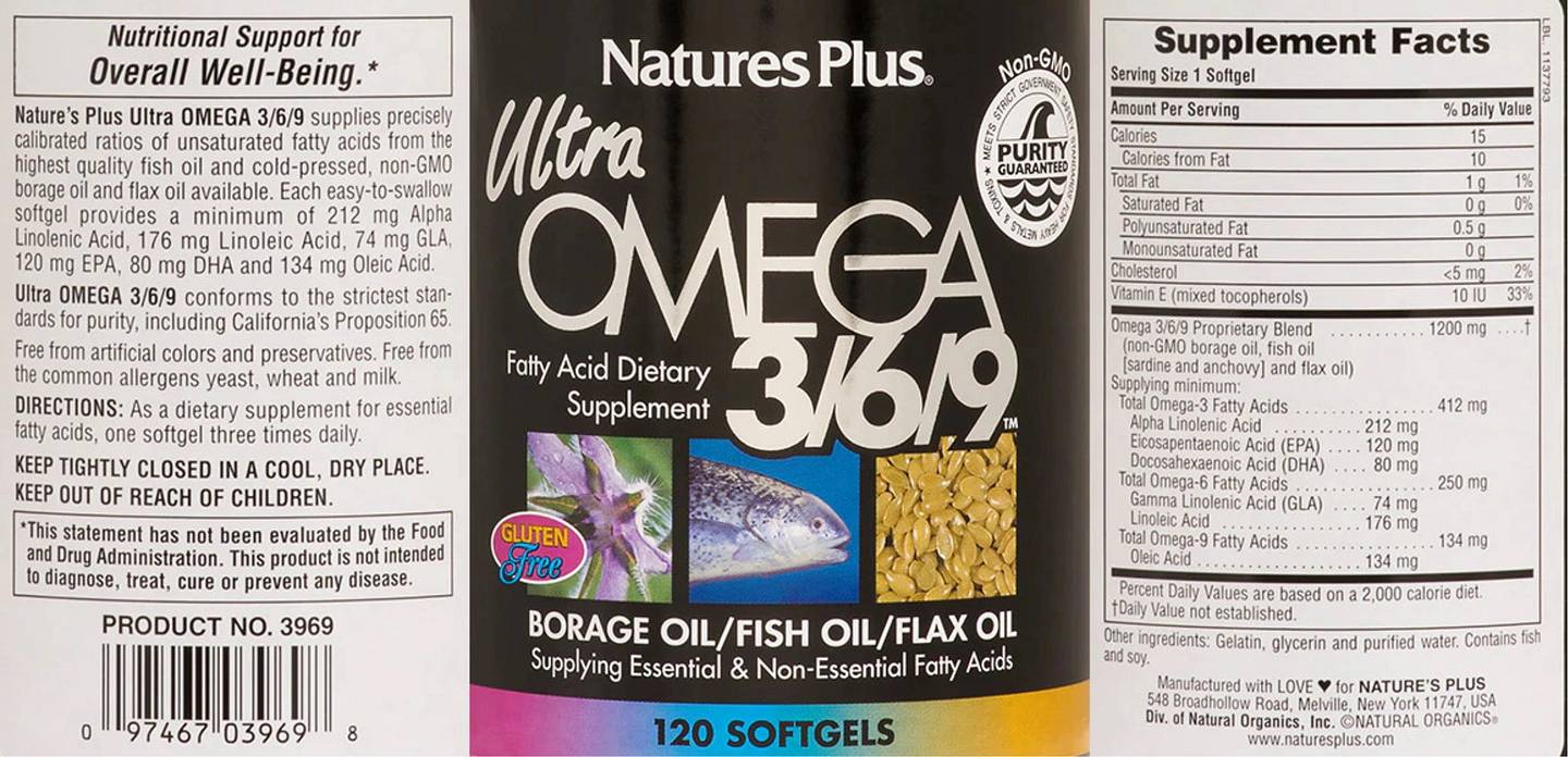 NaturesPlus, Ultra Omega 3/6/9 label