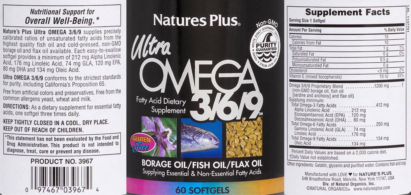 NaturesPlus, Ultra Omega 3/6/9 Borage label