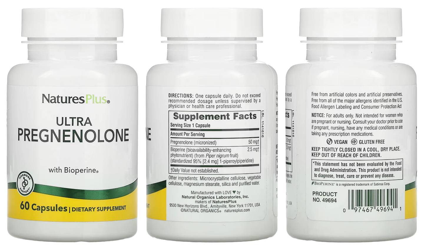 NaturesPlus, Ultra Pregnenolone with Bioperine packaging