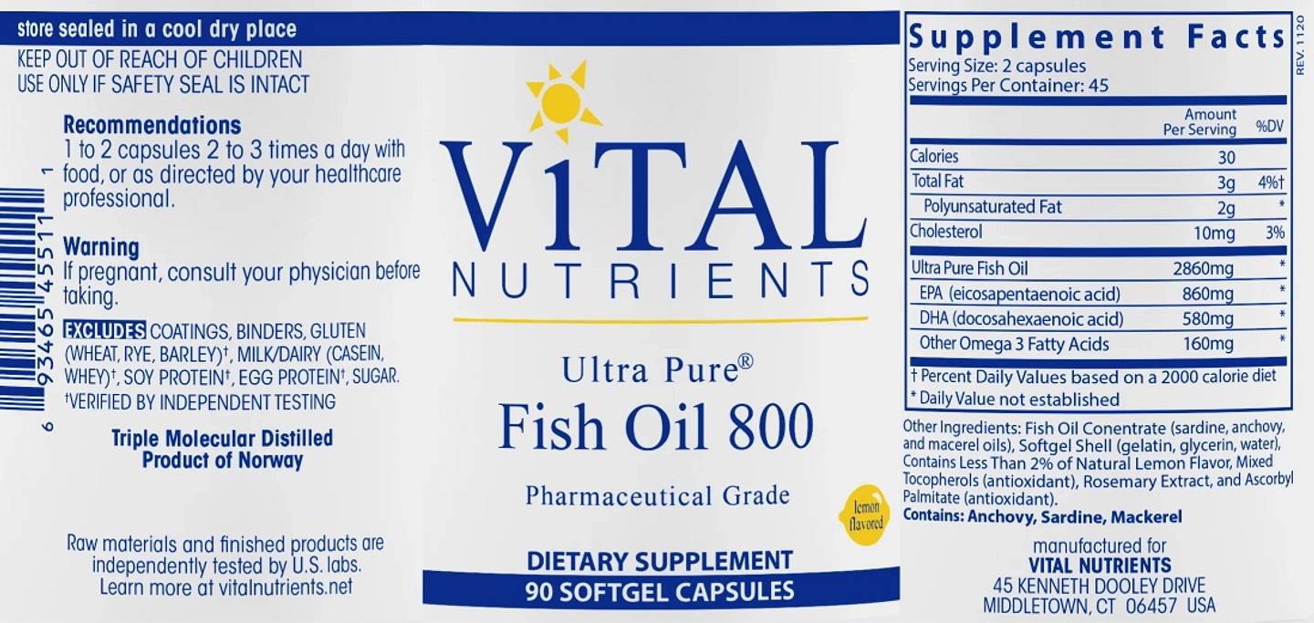 Vital Nutrients, Ultra Pure Fish Oil 800 label