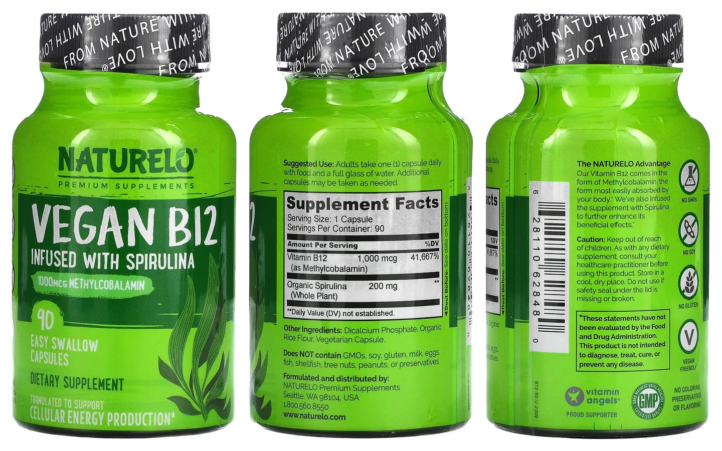 NATURELO, Vegan B12 Infused with Spirulina packaging