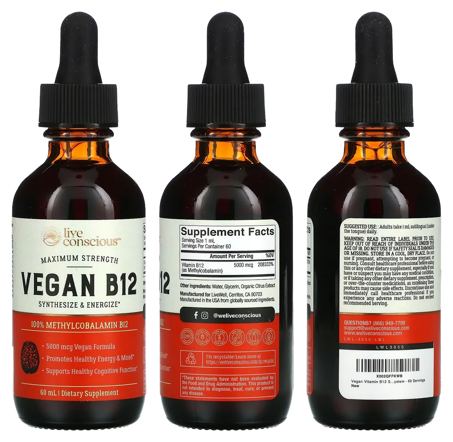 Live Conscious, Vegan B12, Maximum Strength packaging