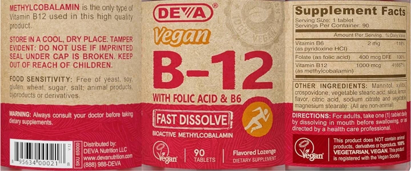 Deva, Vegan B12 with Folic Acid & B6 label