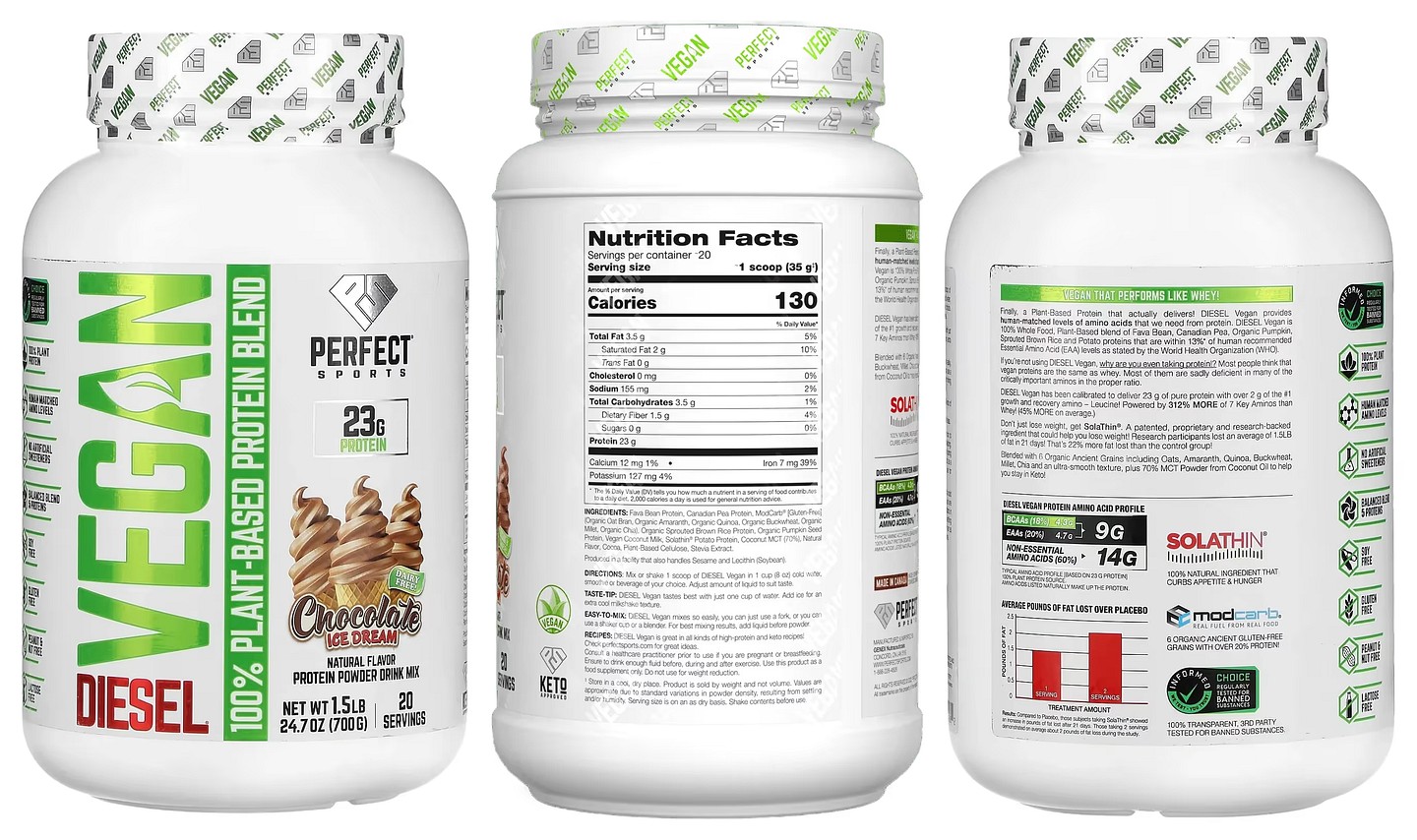 Perfect Sports, Vegan Diesel, 100% Plant-Based Protein Blend, Chocolate Ice Cream packaging