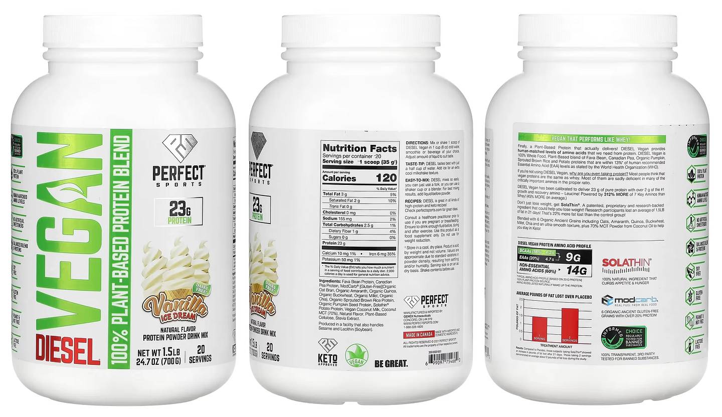 Perfect Sports, Vegan Diesel, 100% Plant-Based Protein Blend, Vanilla Ice Cream packaging