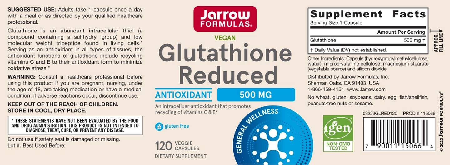 Jarrow Formulas, Vegan Glutathione Reduced label