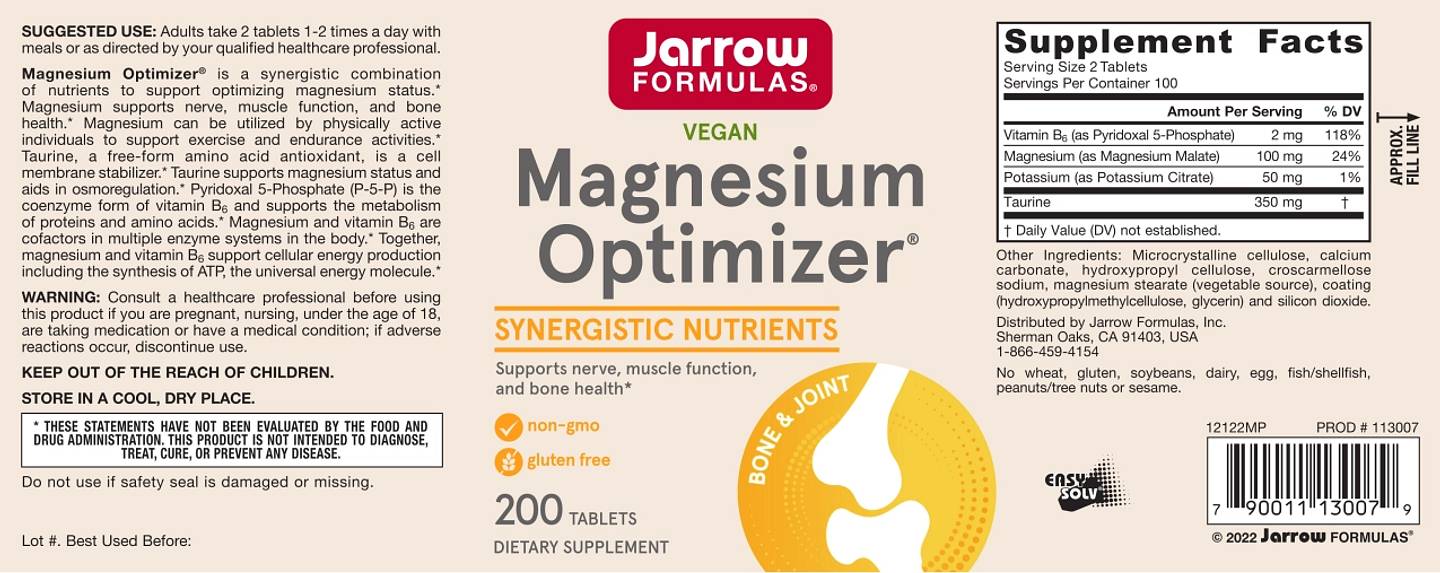 Jarrow Formulas, Vegan Magnesium Optimizer label