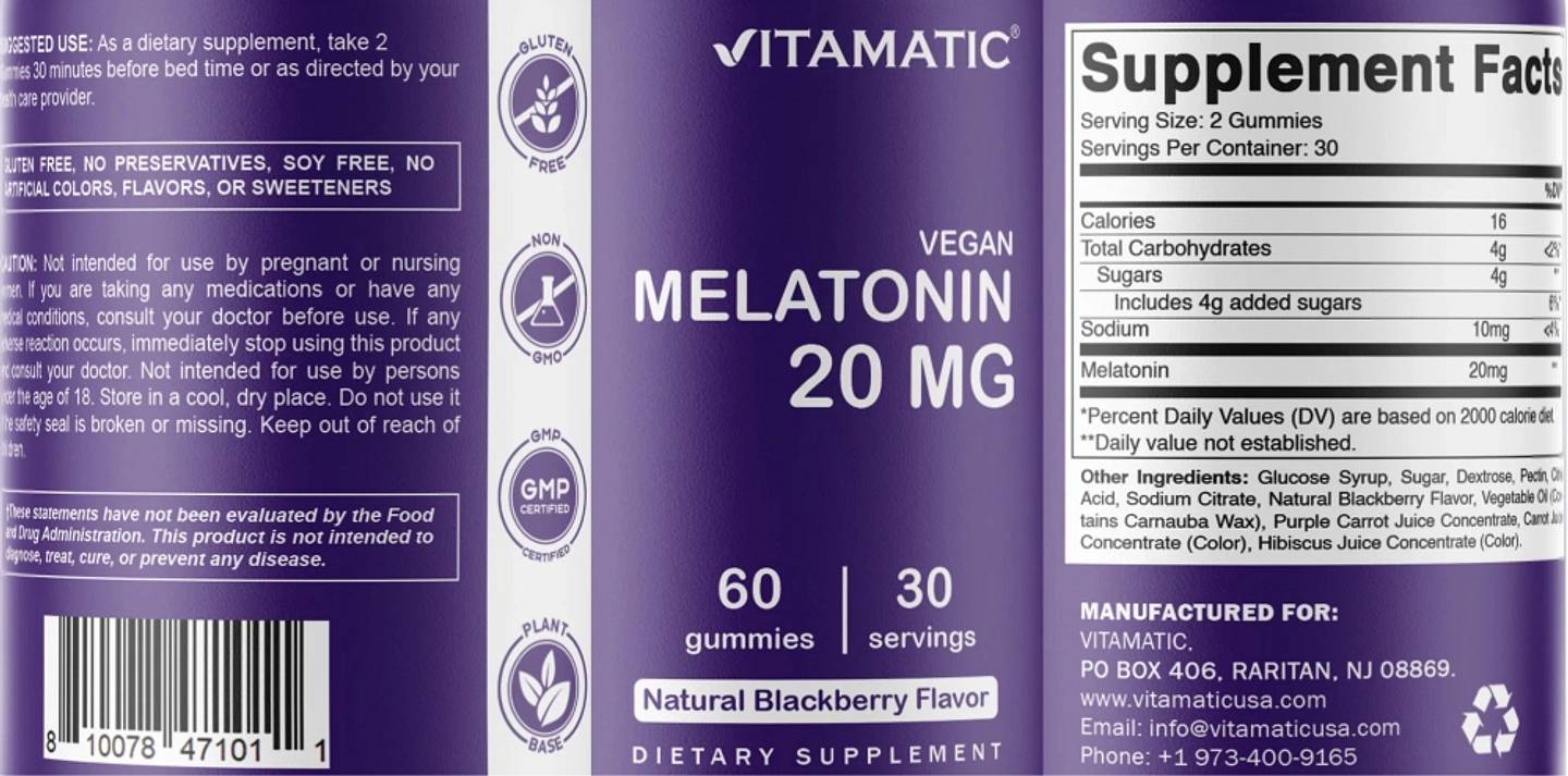 Vitamatic, Vegan Melatonin, Natural Strawberry label