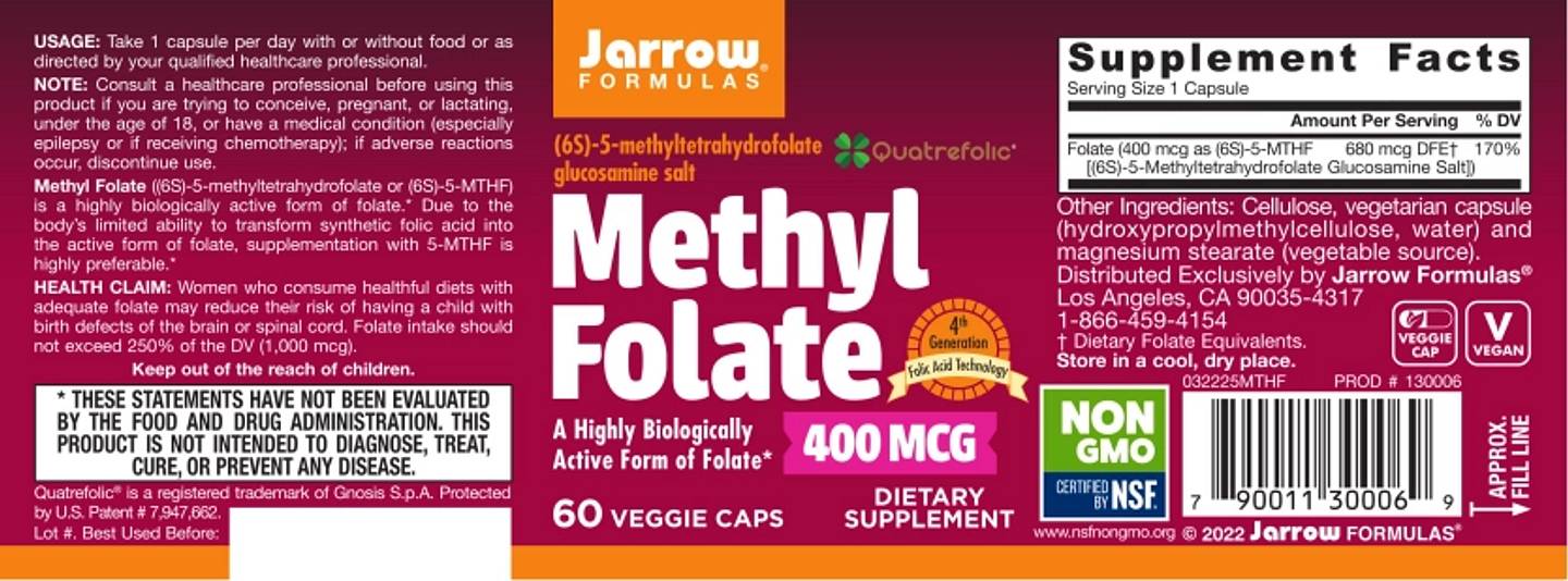 Jarrow Formulas, Vegan Methyl Folate label