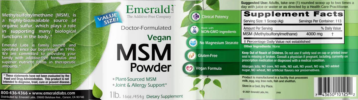 Emerald Laboratories, Vegan MSM Powder label