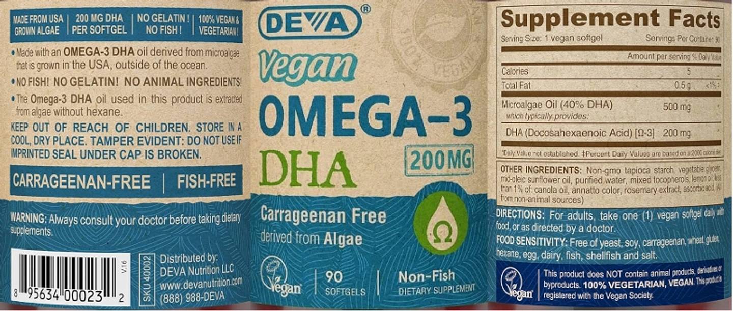 Deva, Vegan Omega-3 DHA, 200 mg label