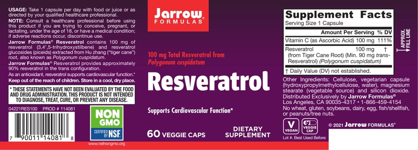 Jarrow Formulas, Vegan Resveratrol label