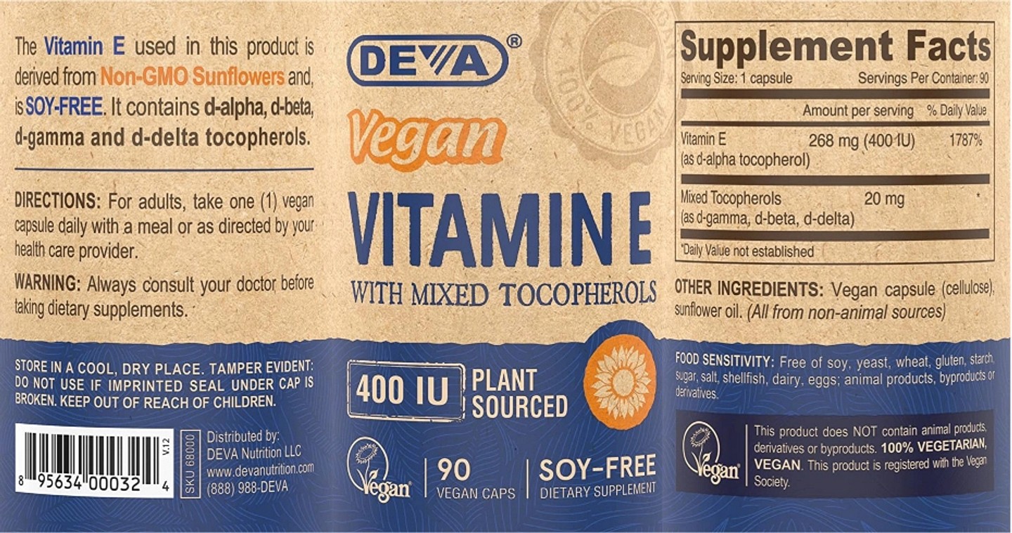 Deva, Vegan Vitamin E with Mixed Tocopherols label