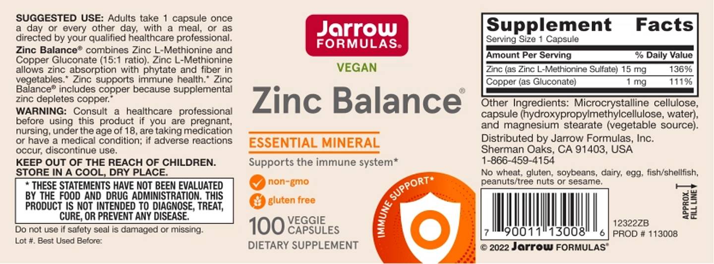 Jarrow Formulas, Vegan Zinc Balance label