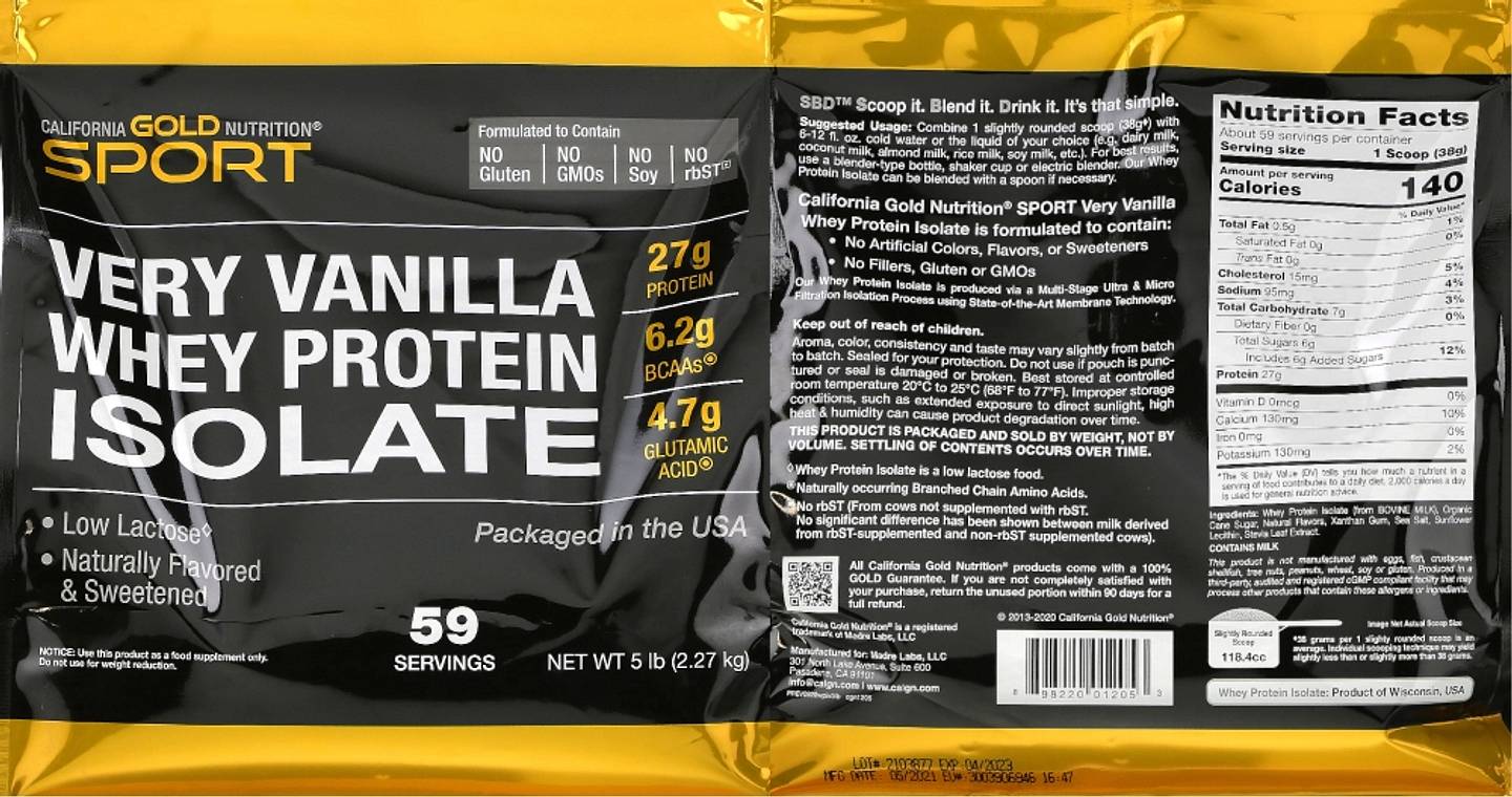 California Gold Nutrition, Very Vanilla Whey Protein Isolate label