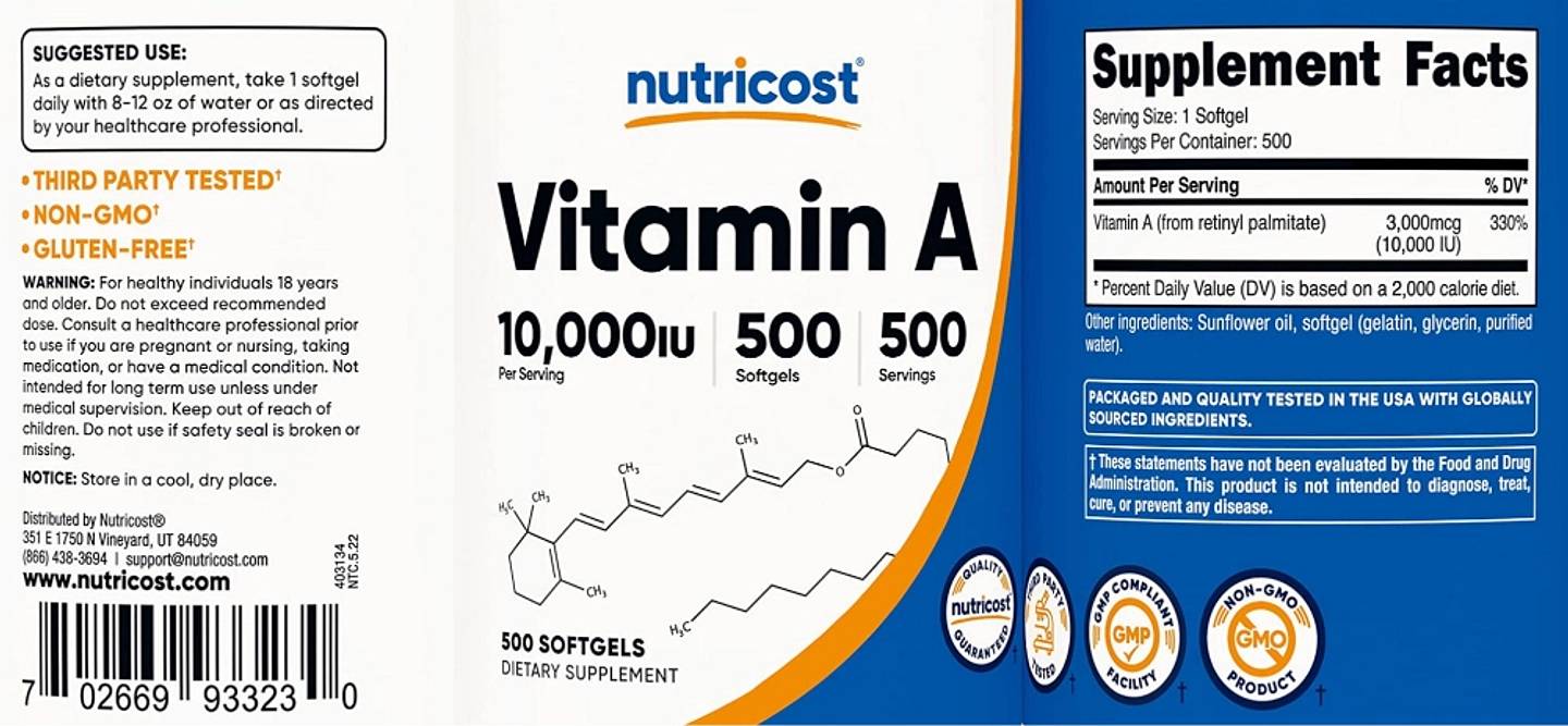 Nutricost, Vitamin A label