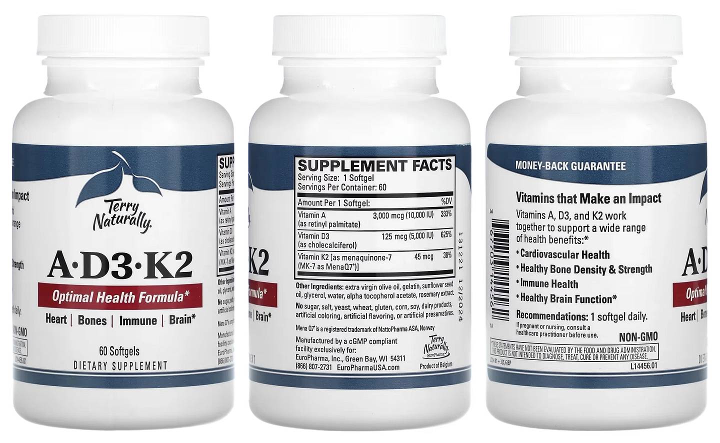 Terry Naturally, Vitamin A, D3, K2 packaging