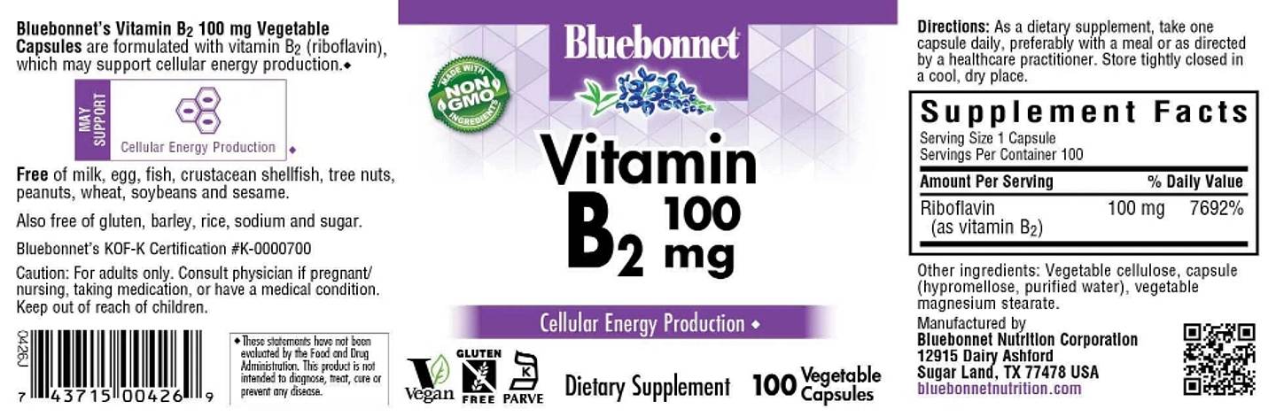 Bluebonnet Nutrition, Vitamin B2 label