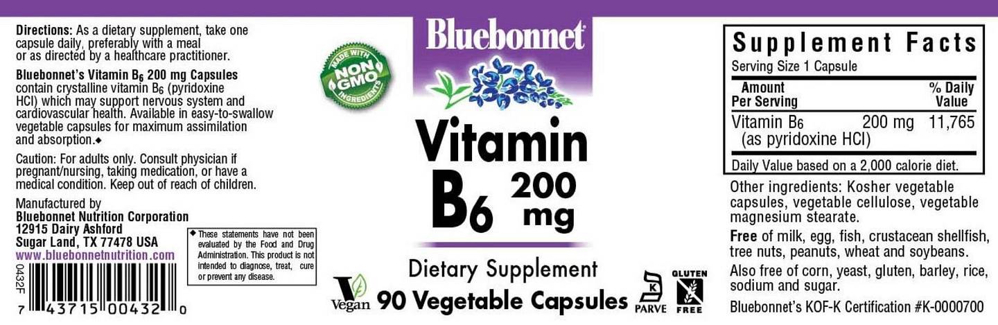 Bluebonnet Nutrition, Vitamin B6 label