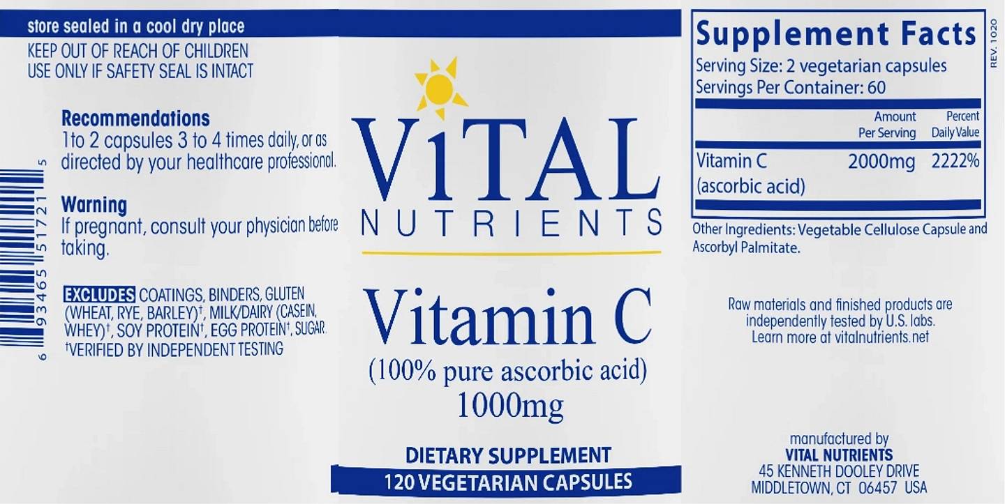 Vital Nutrients, Vitamin C label