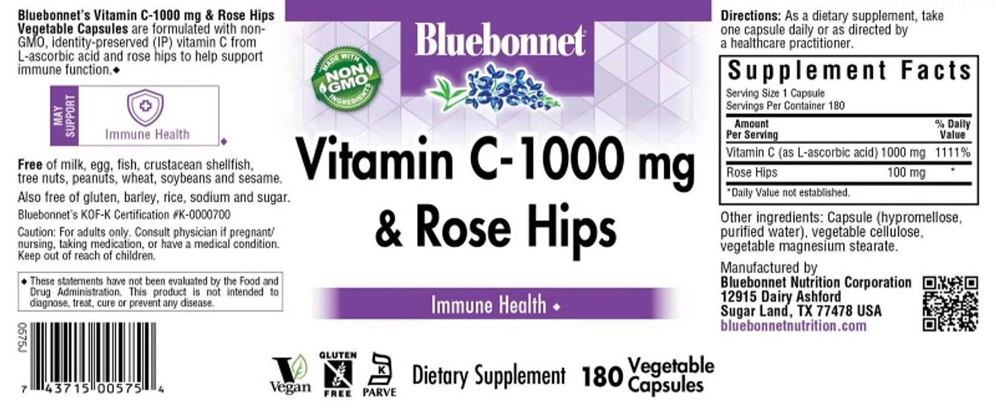 Bluebonnet Nutrition, Vitamin C & Rose Hips label