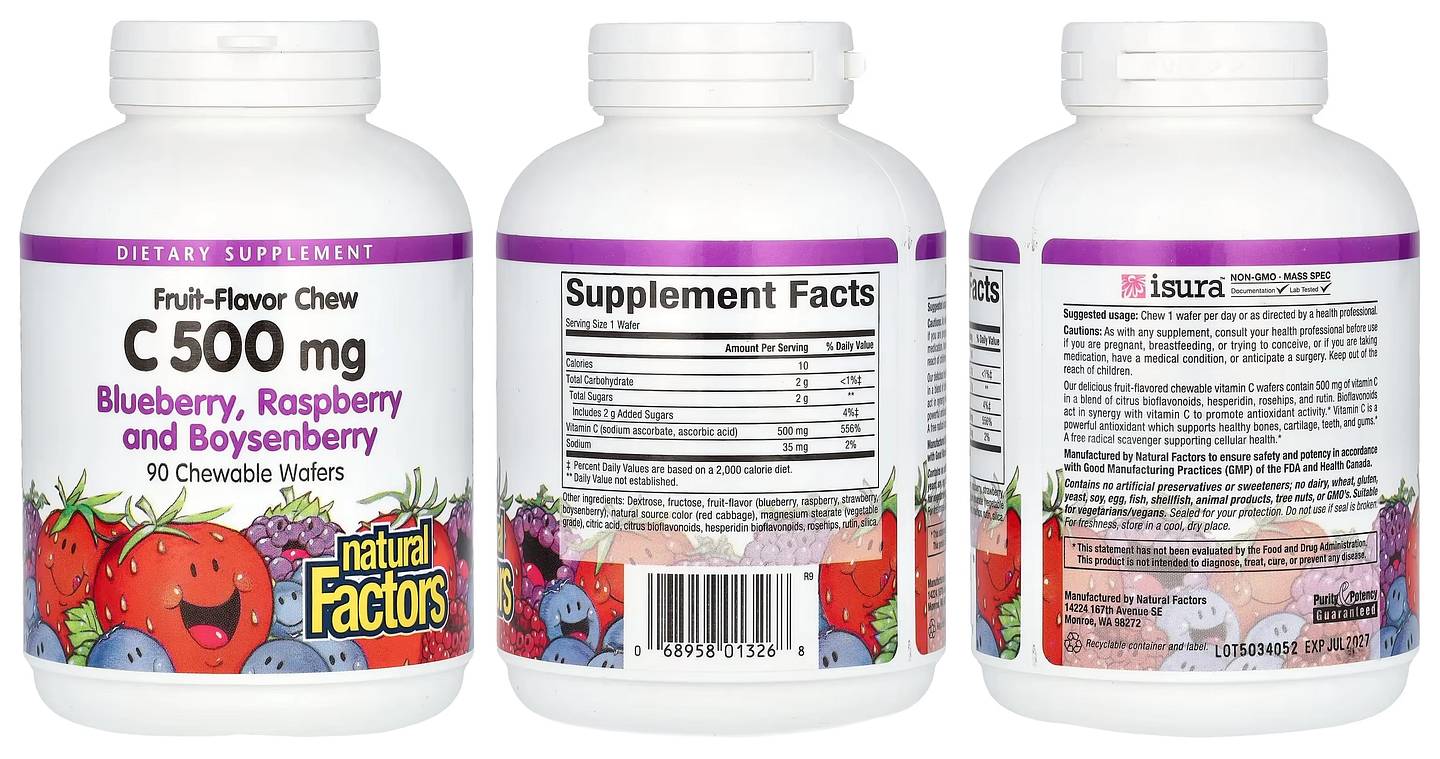 Natural Factors, Vitamin C Fruit-Flavor Chew, Blueberry, Raspberry and Boysenberry packaging