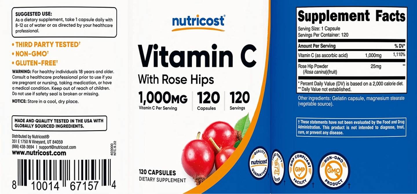 Nutricost, Vitamin C With Rose Hips label