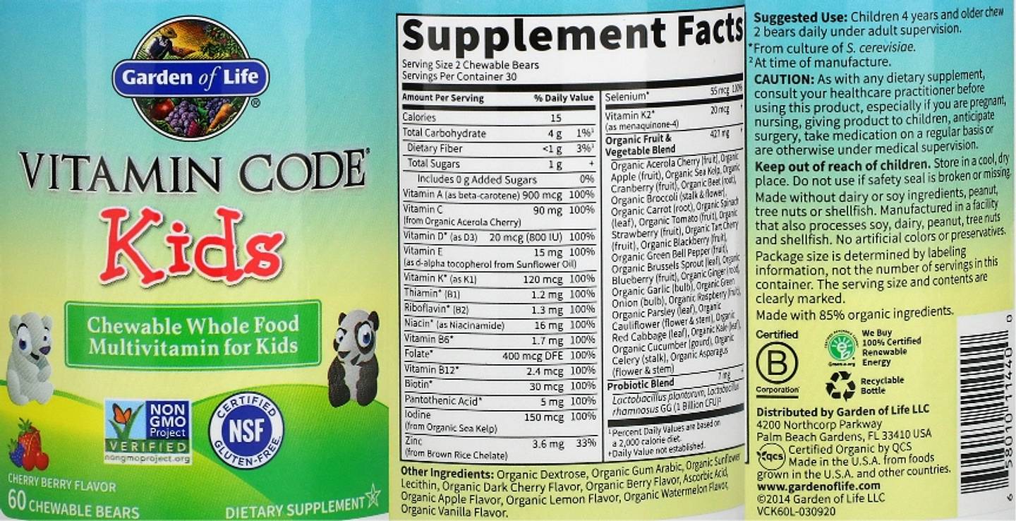 Garden of Life, Vitamin Code Kids, Chewable Whole Food Multivitamin, Cherry Berry label