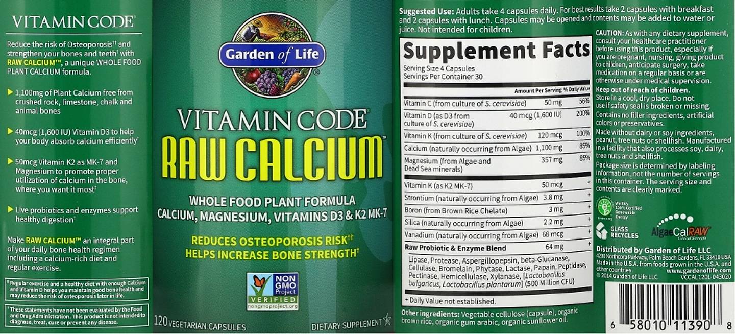 Garden of Life, Vitamin Code, RAW Calcium label