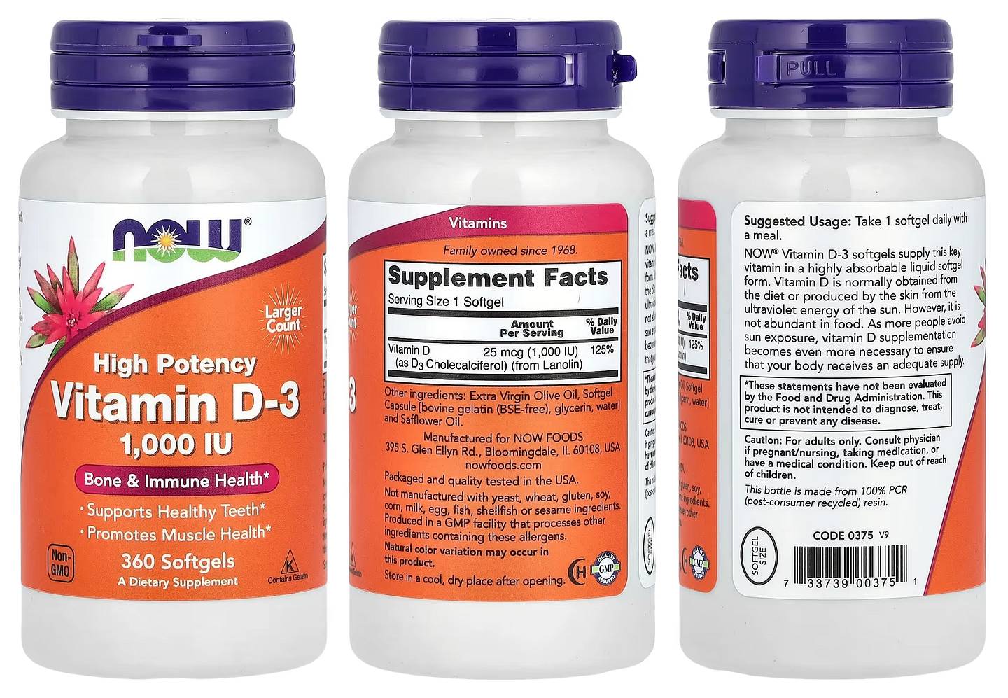 NOW Foods, Vitamin D-3 packaging