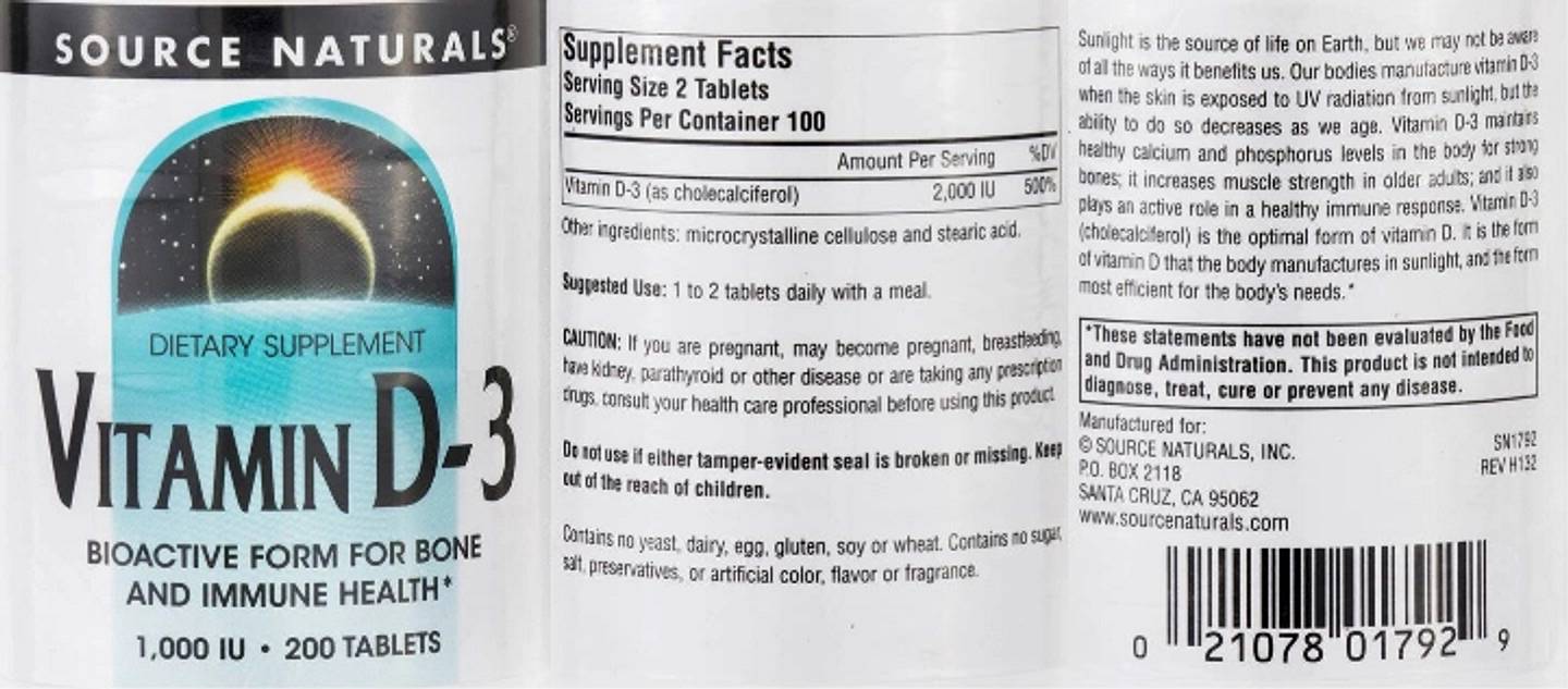 Source Naturals, Vitamin D-3 label