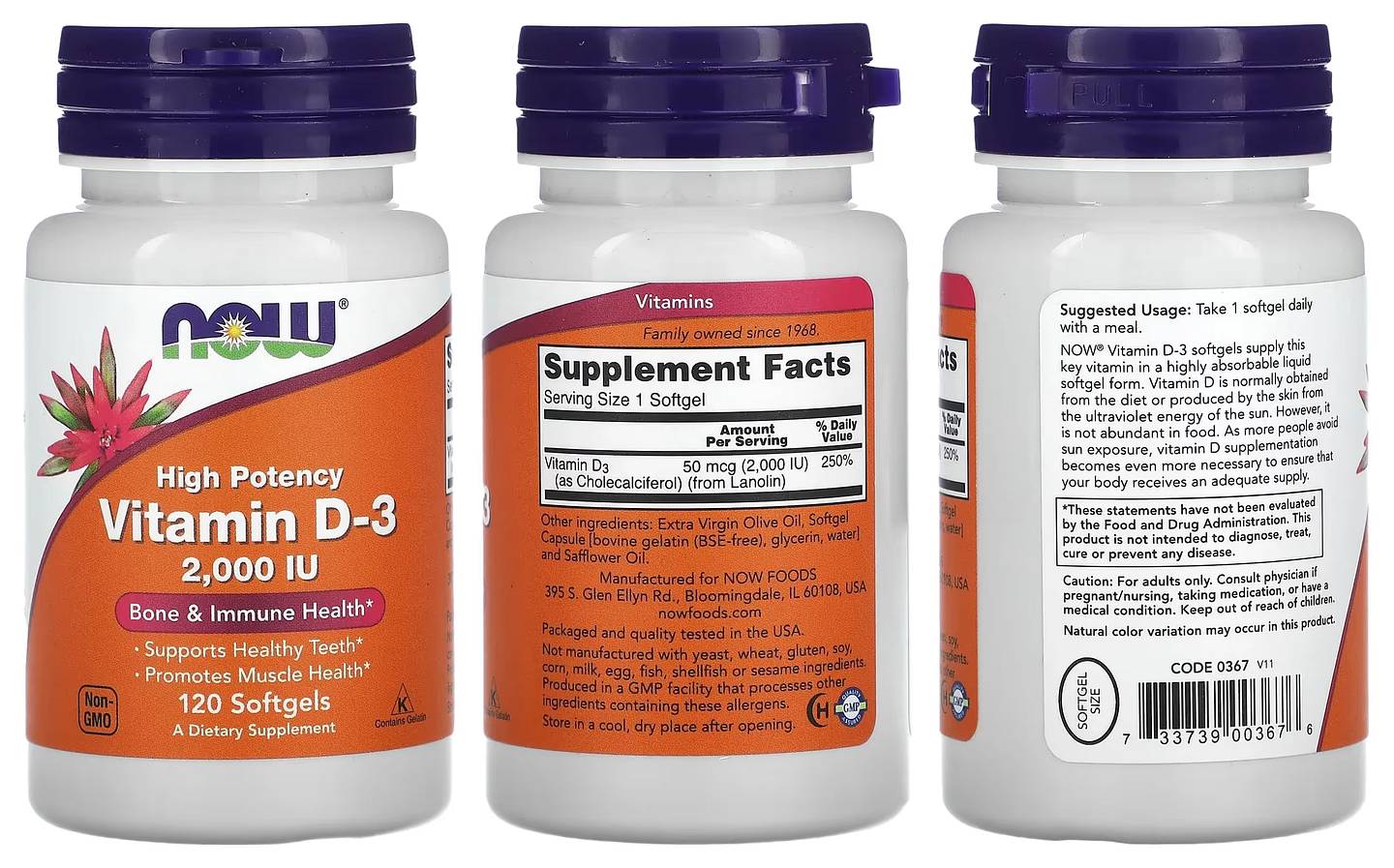 NOW Foods, Vitamin D-3, High Potency, 2,000 IU packaging