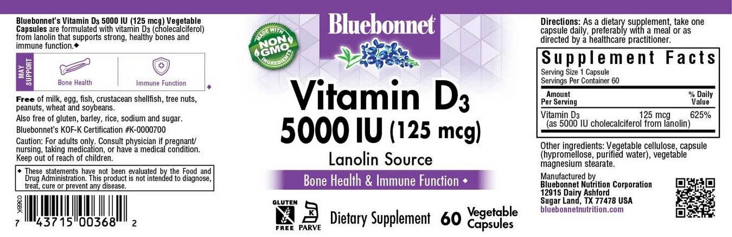 Bluebonnet Nutrition, Vitamin D3 label