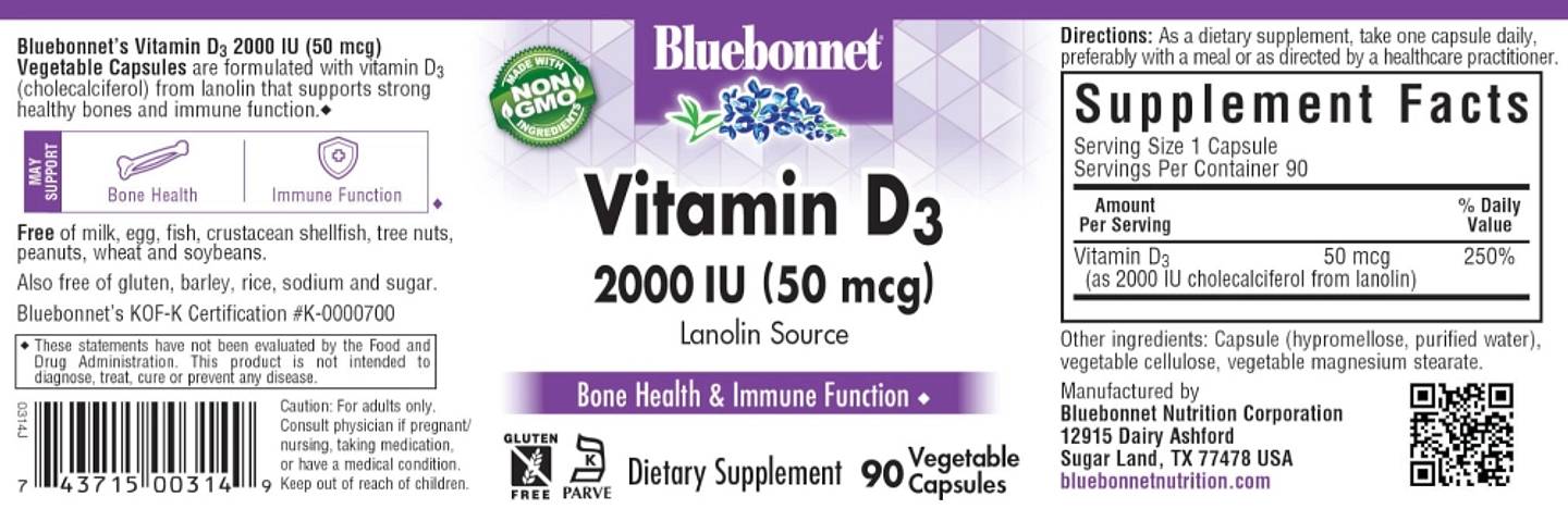 Bluebonnet Nutrition, Vitamin D3 label