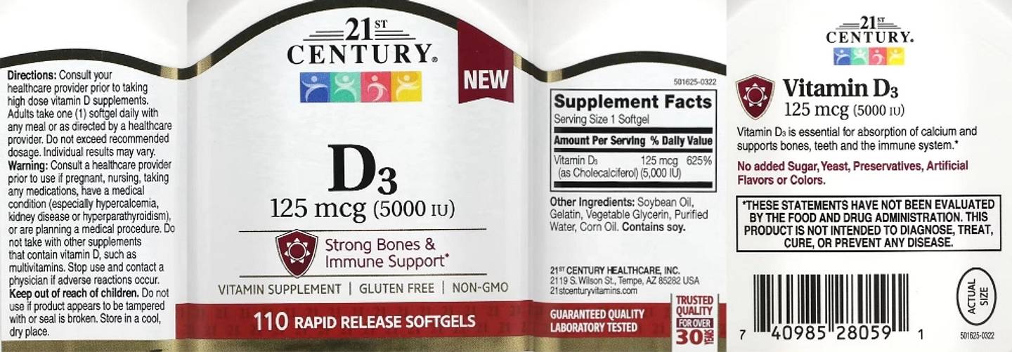 21st Century, Vitamin D3, 125 mcg (5,000 IU) label