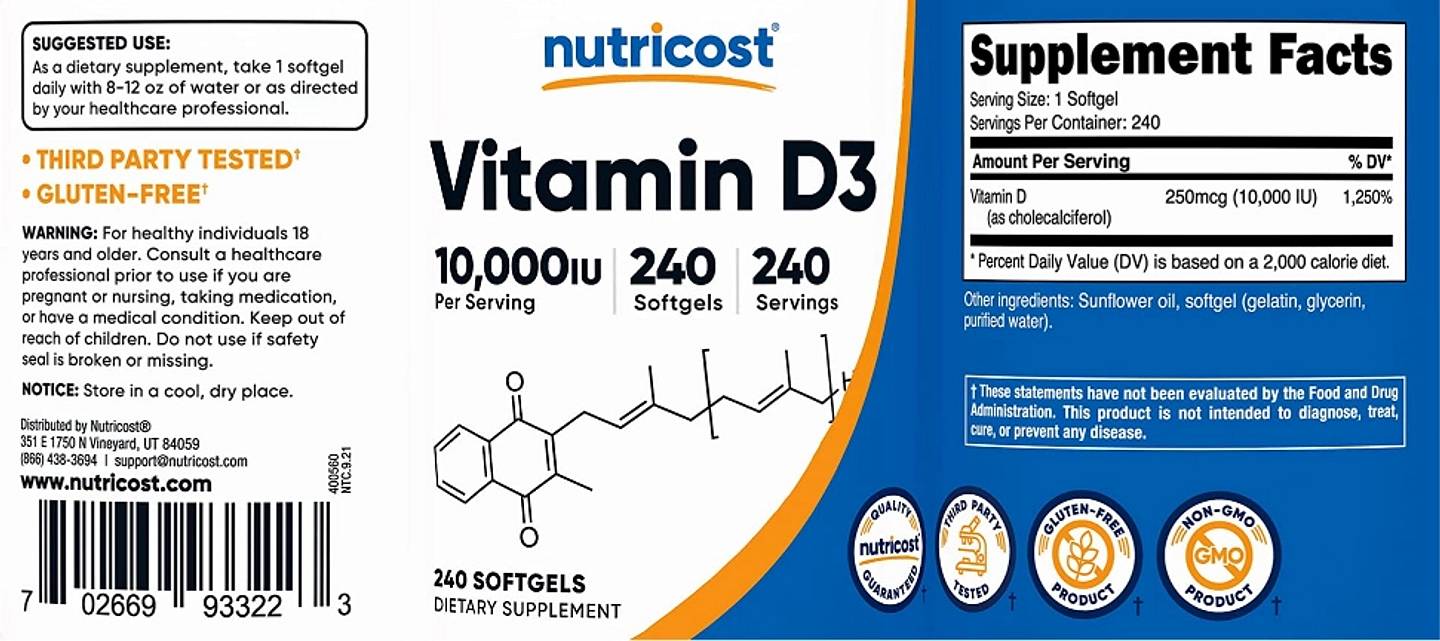 Nutricost, Vitamin D3 label