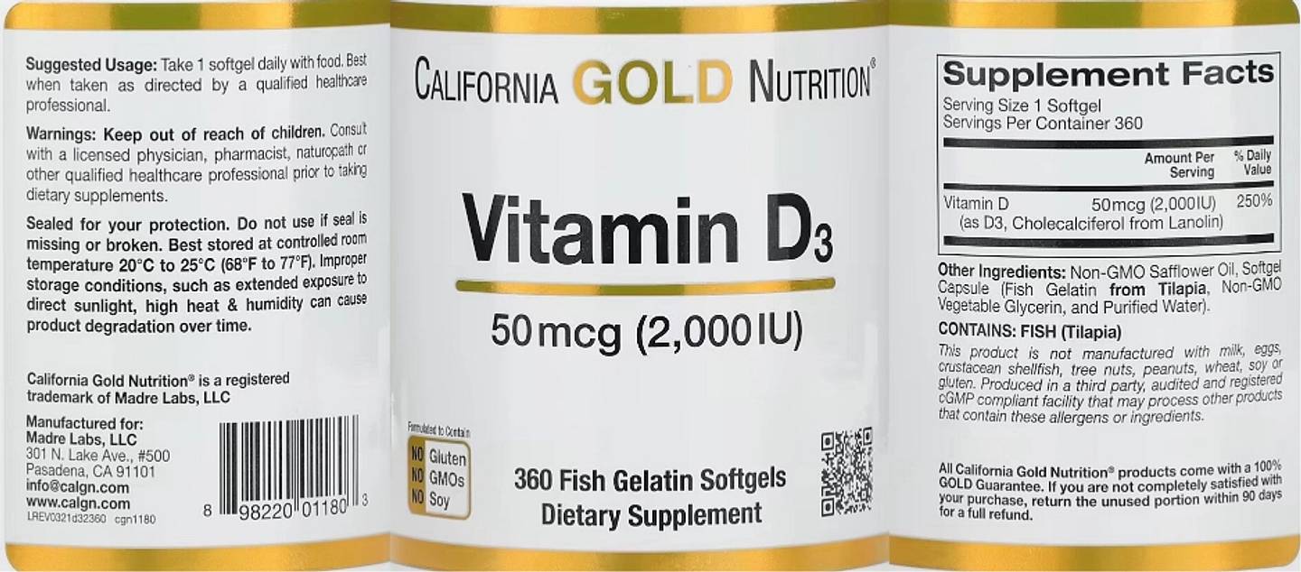 California Gold Nutrition, Vitamin D3 label