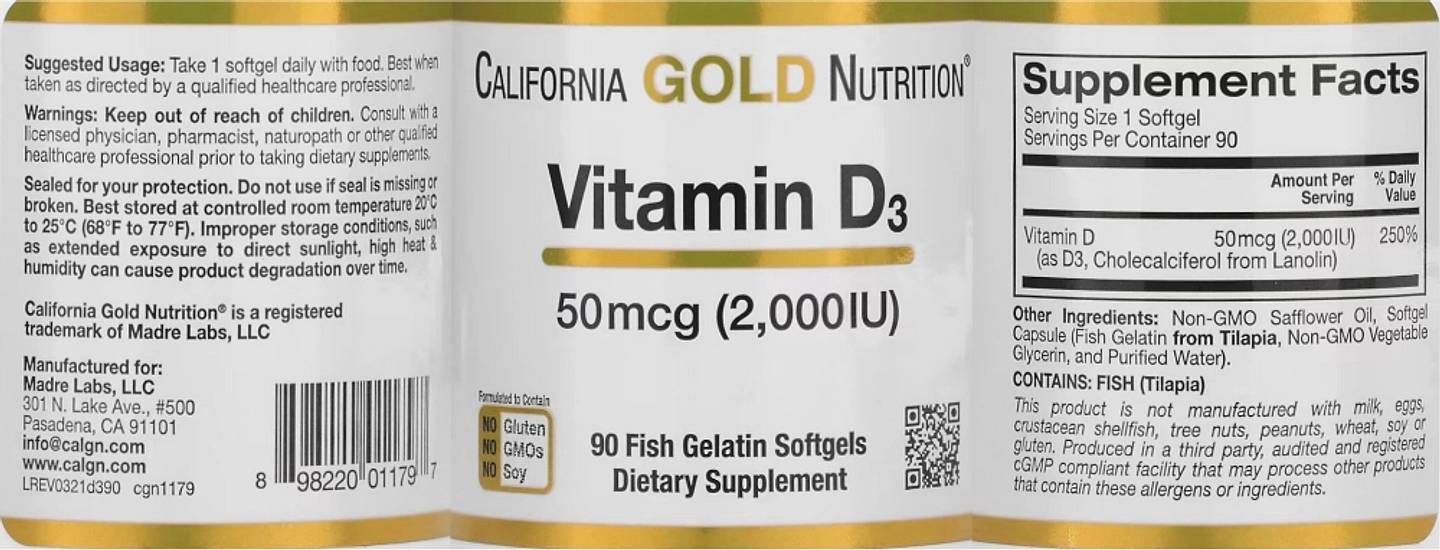 California Gold Nutrition, Vitamin D3 label