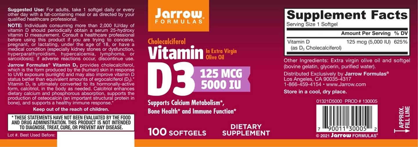 Jarrow Formulas, Vitamin D3 label