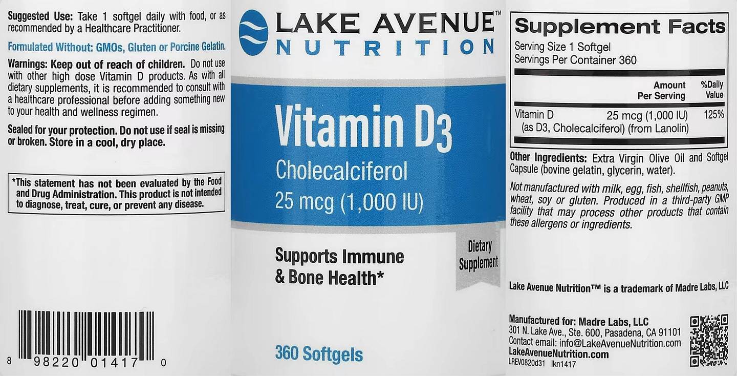 Lake Avenue Nutrition, Vitamin D3 label