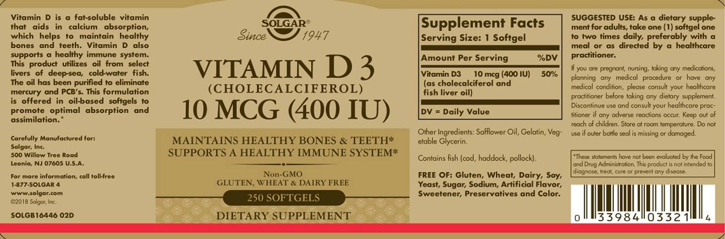 Solgar, Vitamin D3 label